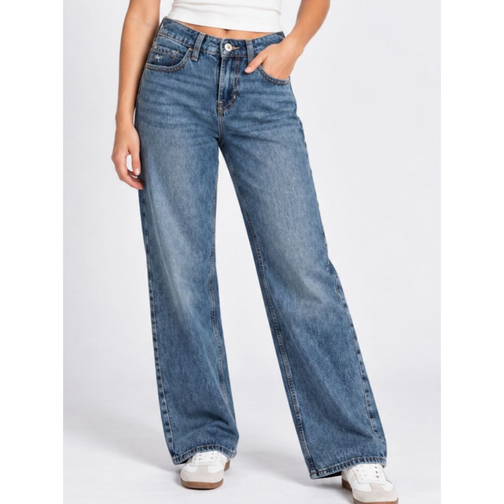 Hollister Low Rise Baggy Jeans Women's 24 Blue Wide Leg Embroidered Y2K